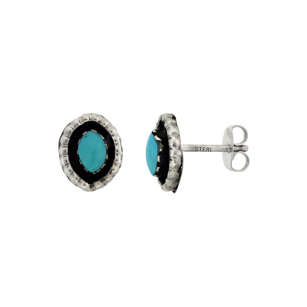 STERLING SILVER HANDCRAFTED BLUE TURQUOISE OVAL STUD EARRINGS (GENUINE ZUNI TRIBE AMERICAN INDIAN JEWELRY) 3/8 IN. (10 MM)