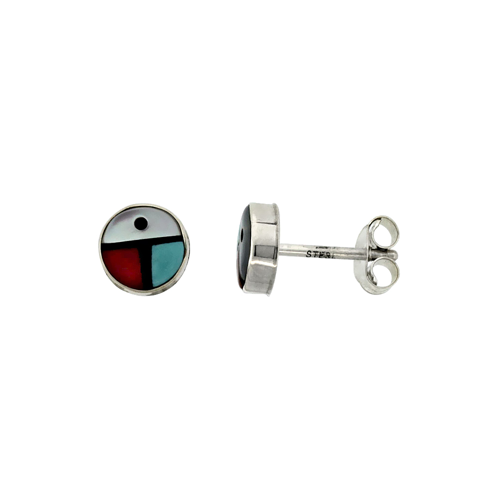 STERLING SILVER HANDCRAFTED MULTI COLOR ROUND STUD EARRINGS (GENUINE ZUNI TRIBE AMERICAN INDIAN JEWELRY) 1/4 IN. (7 MM)