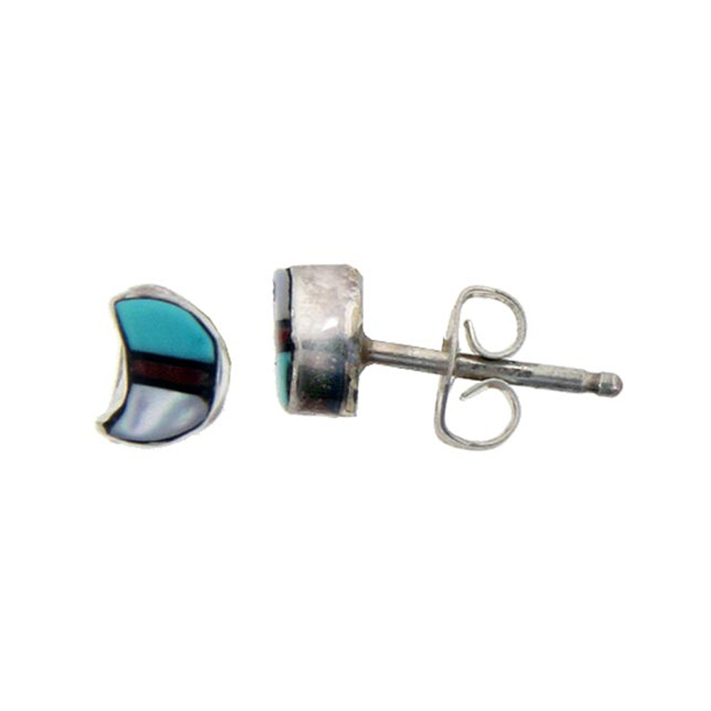 STERLING SILVER HANDCRAFTED BLUE TURQUOISE STUD EARRINGS (GENUINE ZUNI TRIBE AMERICAN INDIAN JEWELRY) 1 IN. (25 MM)