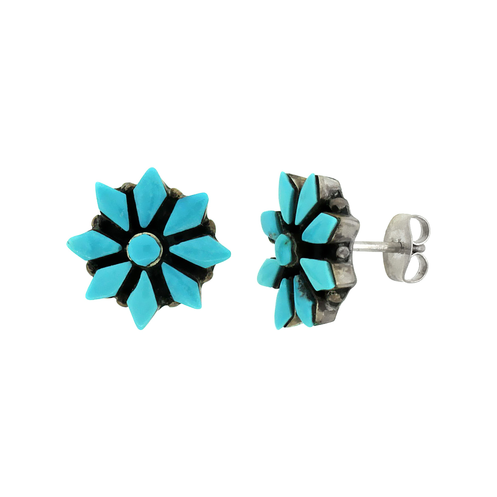 STERLING SILVER HANDCRAFTED BLUE TURQUOISE FLOWER STUD EARRINGS (GENUINE ZUNI TRIBE AMERICAN INDIAN JEWELRY) 1/2 IN. (13 MM)