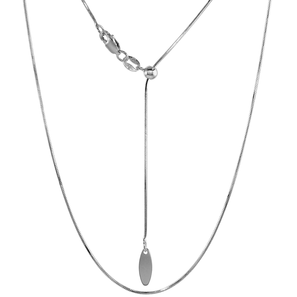 THIN STERLING SILVER ADJUSTABLE OCTAGON SNAKE CHAIN NECKLACE FOR WOMEN 0.8 MM NICKEL FREE 24 INCH