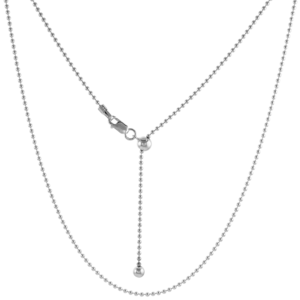 Sterling Silver Adjustable 1.5mm Bead Chain Necklace 1.5mm Nickel Free, 24 inch