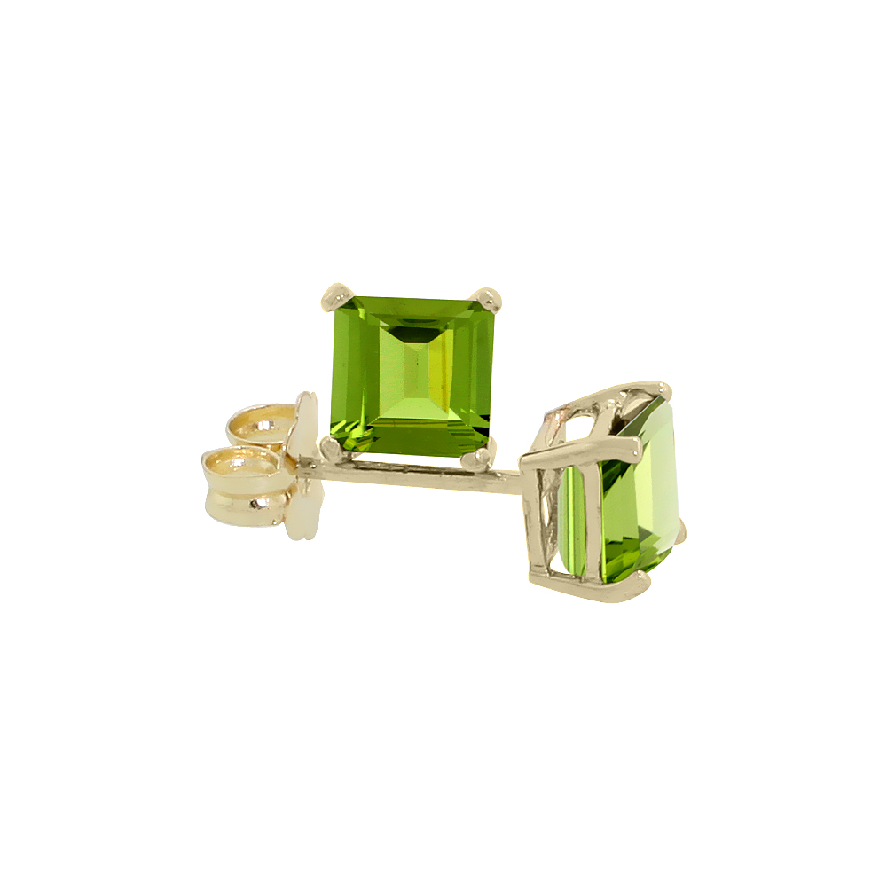 14K YELLOW GOLD 4 MM NATURAL PERIDOT SQUARE STUD EARRINGS 1/2 CTTW AUGUST BIRTHSTONE