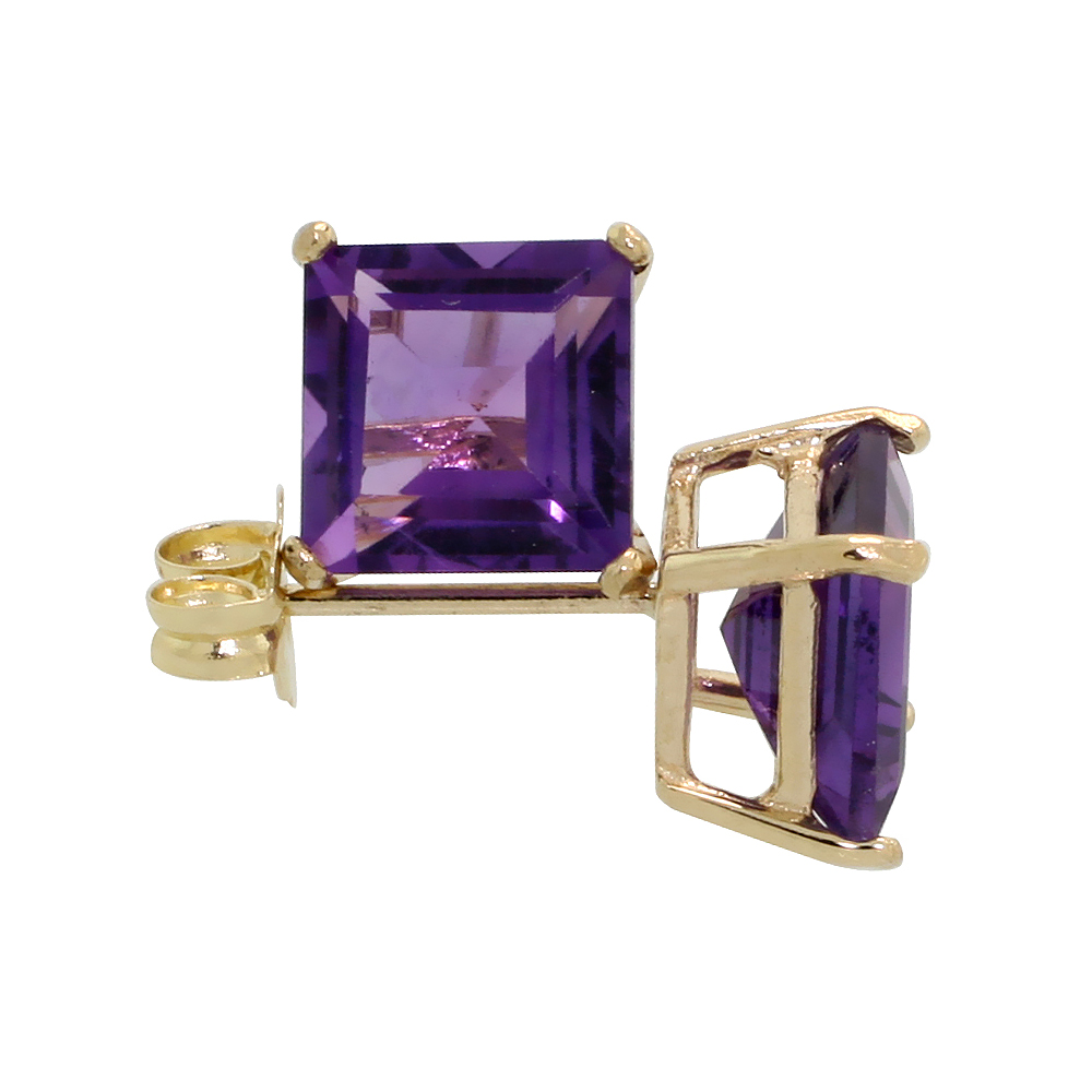 14K YELLOW GOLD 6 MM NATURAL AMETHYST SQUARE STUD EARRINGS 2 CTTW FEBRUARY BIRTHSTONE