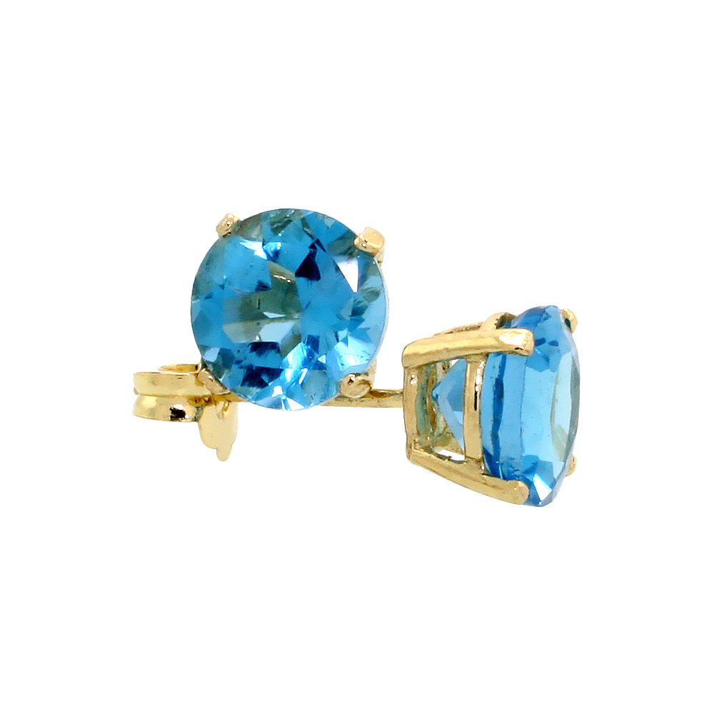 Genuine 14k Yellow Gold 6 mm Blue Topaz Stud Earrings 2 cttw December Birthstone