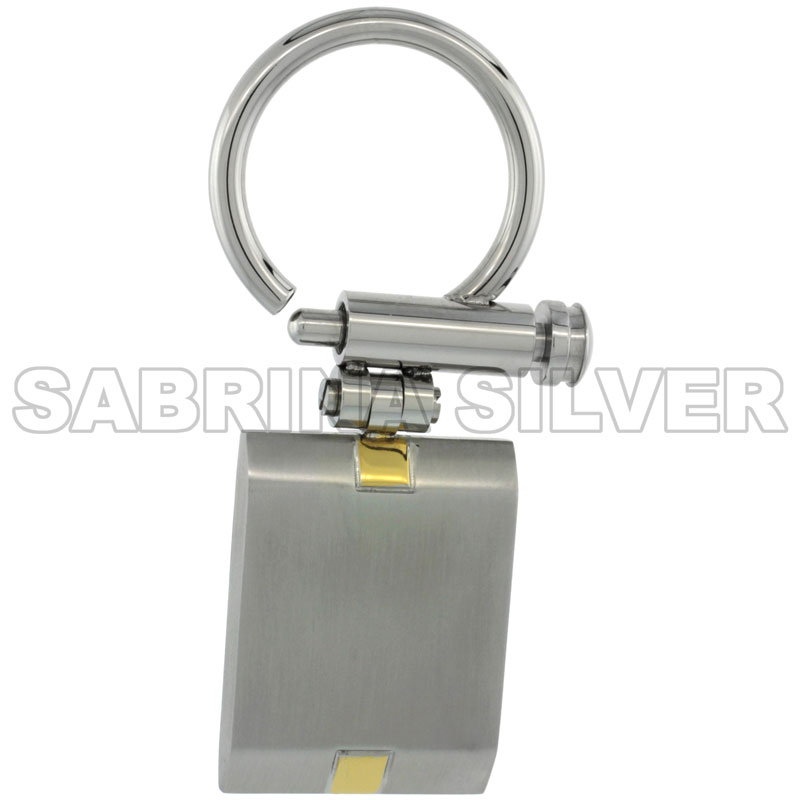 Stainless Steel Keychain Square Tag Gold Tone Accent, 1 1/2 inch