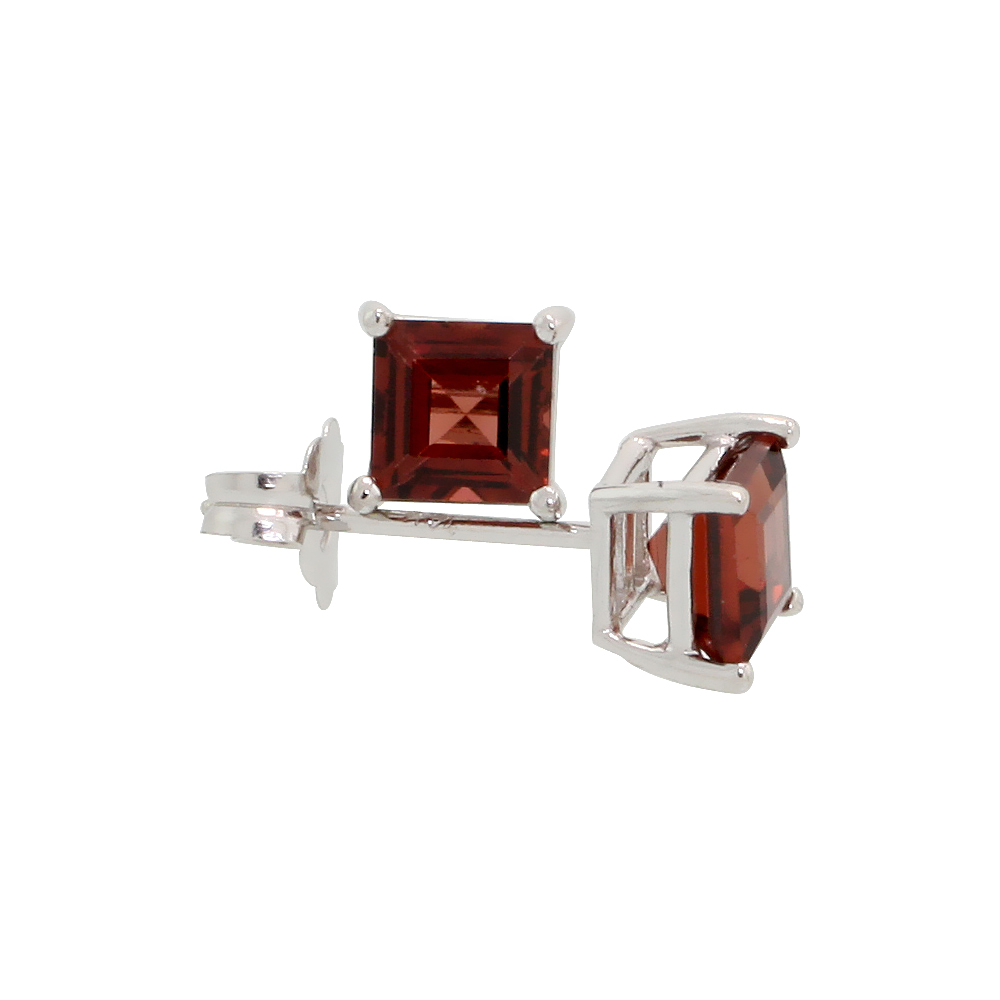 14K WHITE GOLD 4 MM NATURAL GARNET SQUARE STUD EARRINGS 1/2 CTTW JANUARY BIRTHSTONE