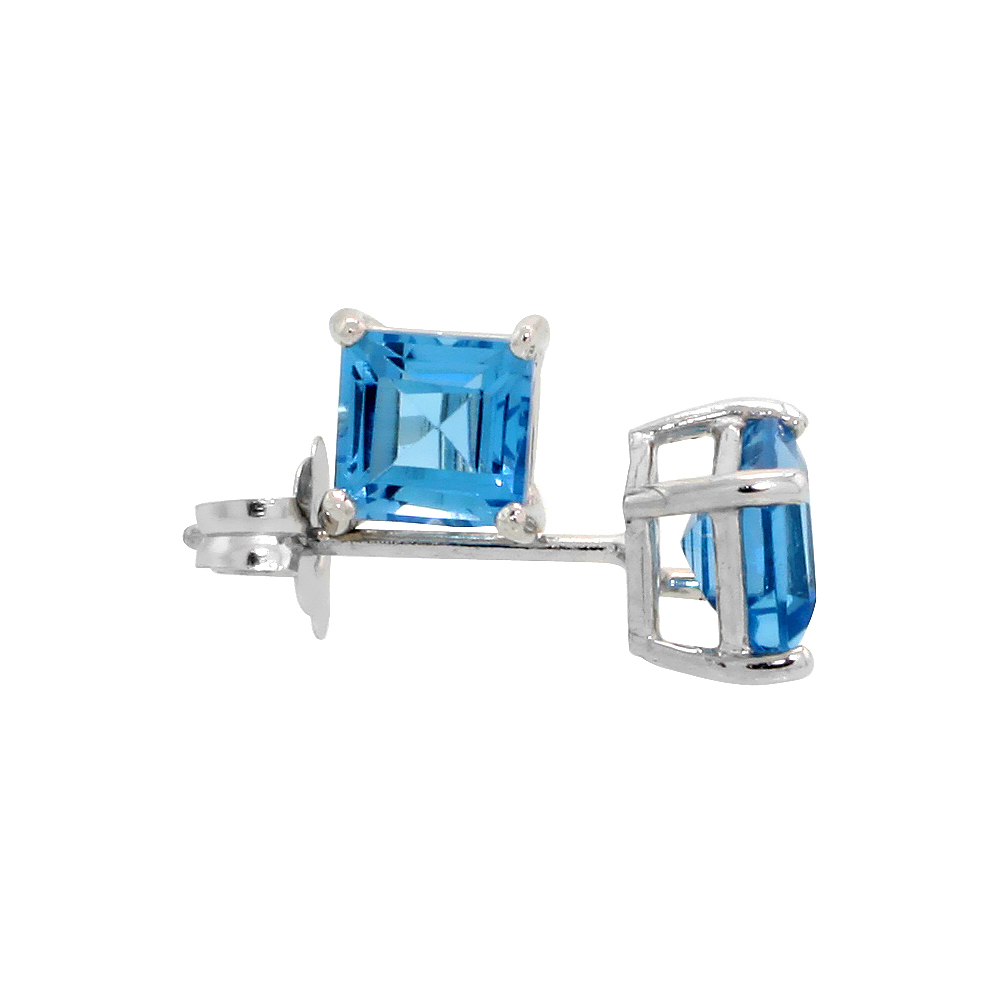 14K White Gold 4 mm Natural Blue Topaz Square Stud Earrings 1/2 cttw December Birthstone