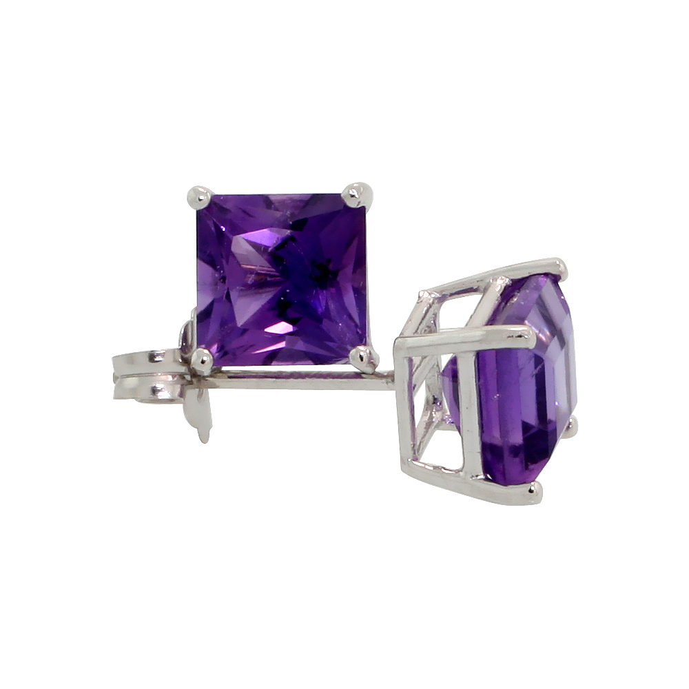 14K WHITE GOLD 5 MM NATURAL AMETHYST SQUARE STUD EARRINGS 1 CTTW FEBRUARY BIRTHSTONE
