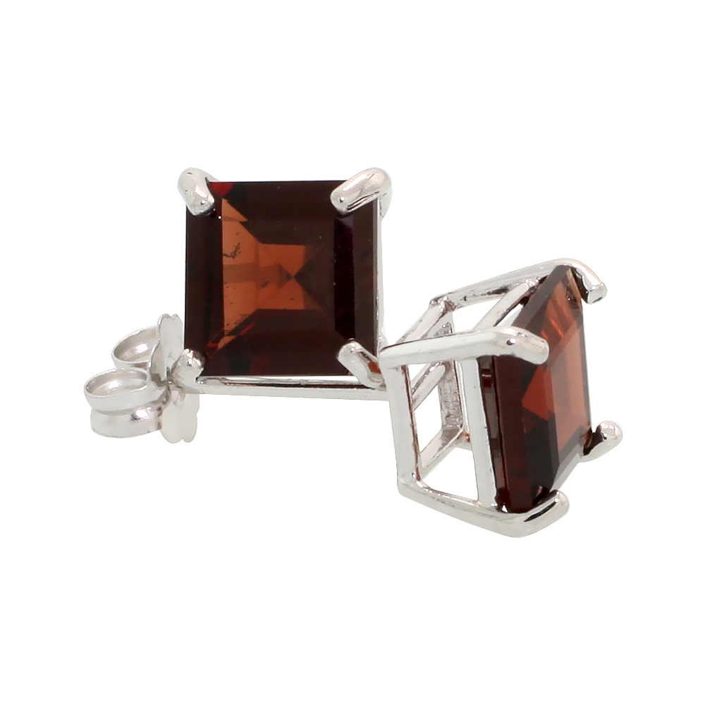 14K White Gold 6 mm Natural Garnet Square Stud Earrings 2 cttw January Birthstone