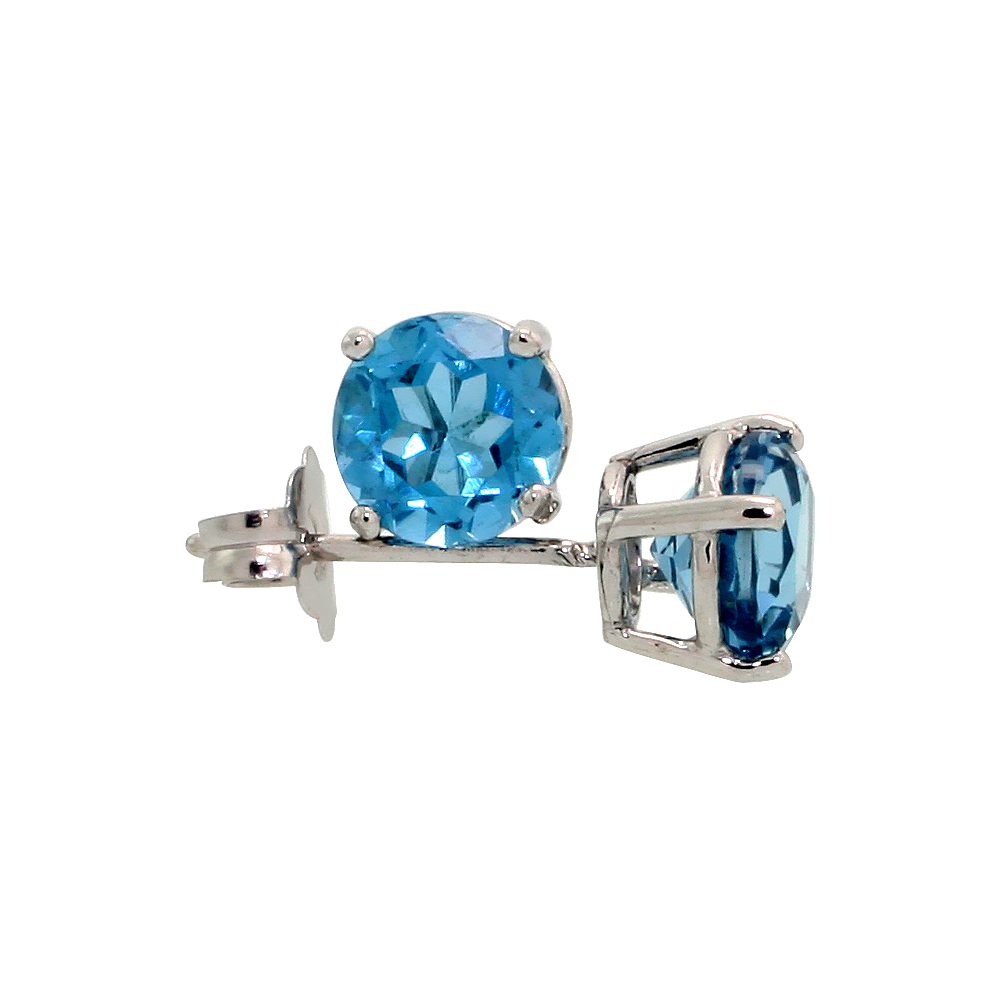 Genuine 14k White Gold 5 mm Blue Topaz Stud Earrings 1 cttw December Birthstone