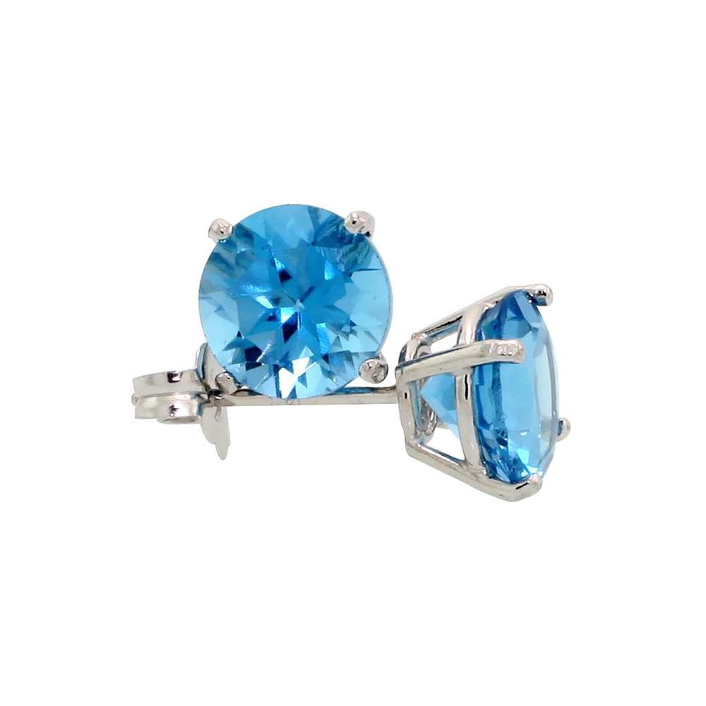 Genuine 14k White Gold 6 mm Blue Topaz Stud Earrings 2 cttw December Birthstone