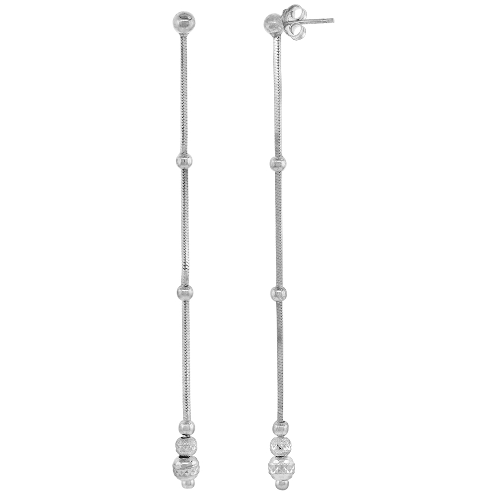 Sterling Silver 3 1/4 inch long Dangle Drop Earrings Diamond cut and Plain Beads Italy