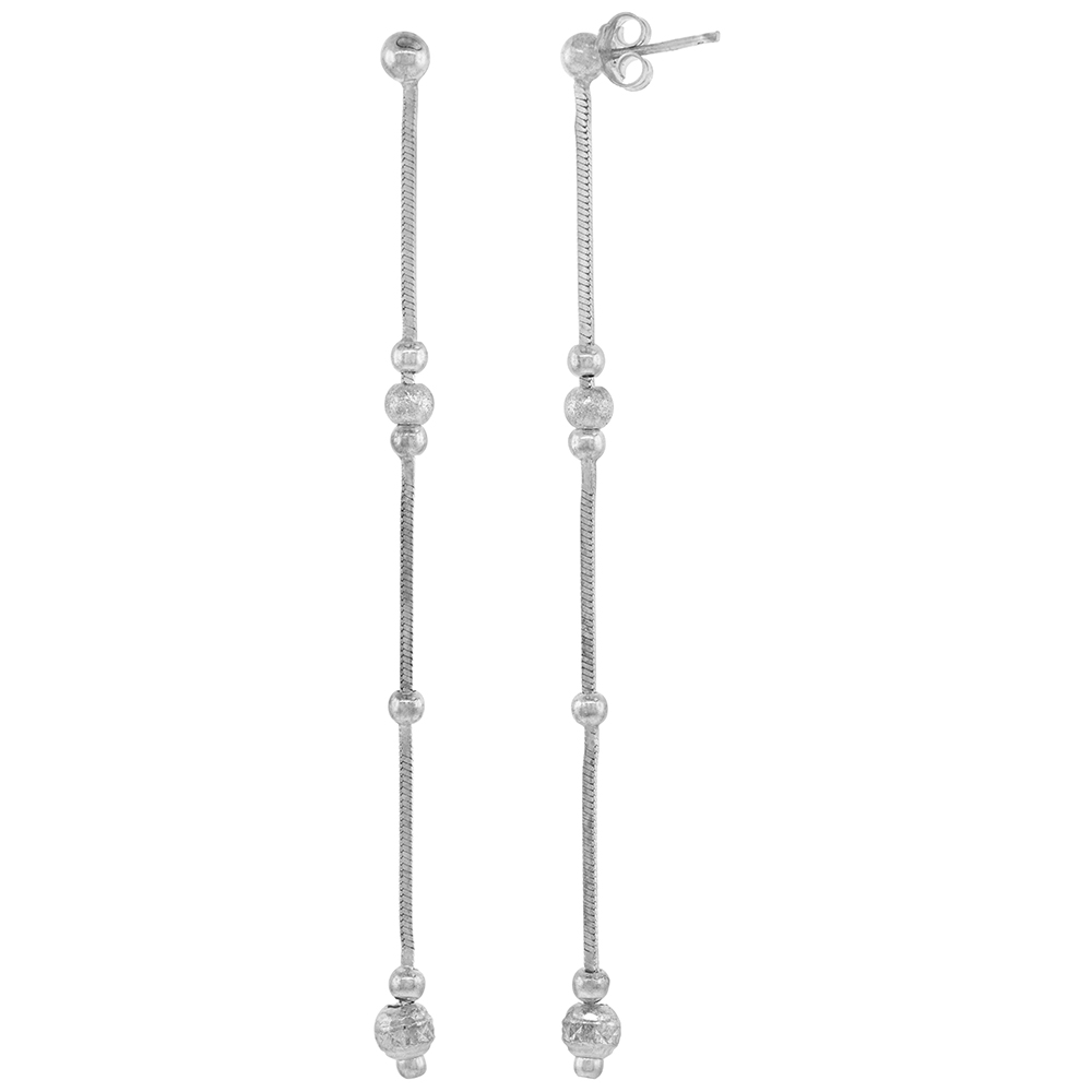 Sterling Silver 3 1/4 inch long Dangle Drop Earrings Diamond cut and Stardust Beads Italy