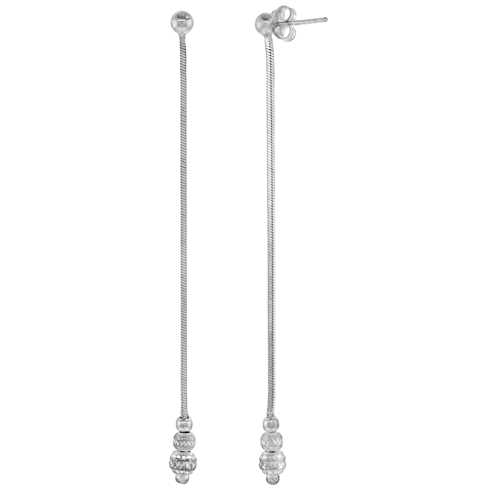Sterling Silver 3 1/4 inch long Dangle Drop Earrings Stardust and Diamond-cut Beads Italy
