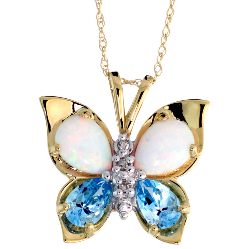 10k Yellow Gold Butterfly Necklace Genuine Blue Topaz Created Opal Diamond accent 5/8 inch (17mm) wide