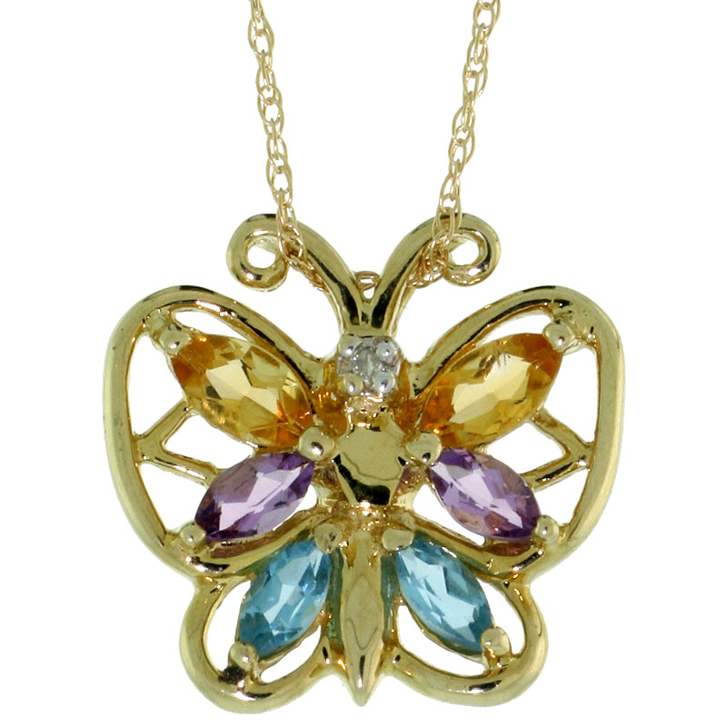 10k Gold Amethyst Blue Topaz Citrine Butterfly Necklace Marquise Cut 5/8 inch wide Thin Rope Chain