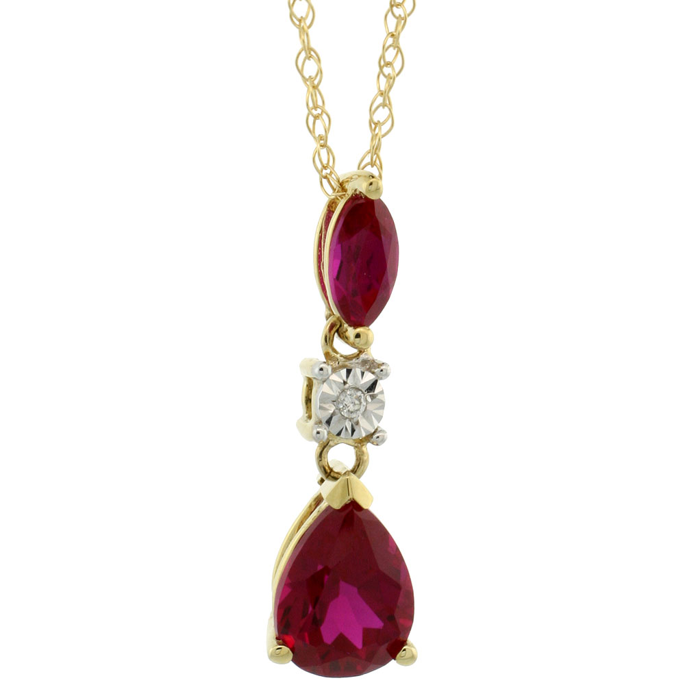 10k Yellow Gold Created Ruby Drop Necklace Pear and Marquise Shape Diamond Accent, 18 inch long
