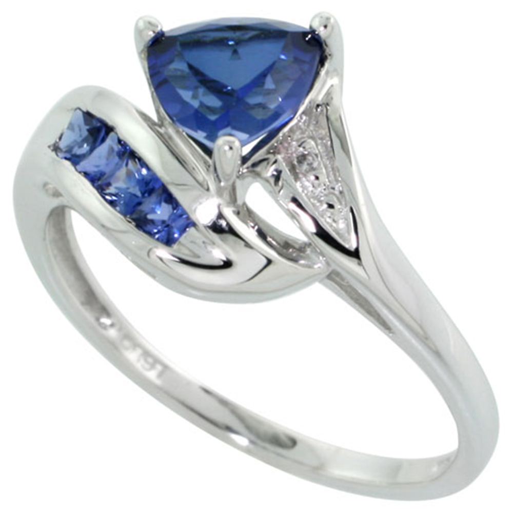 10k White Gold Tanzanite Trillion Ring Lab Created Light and Dark Color & Diamond Accent 3/8 inch