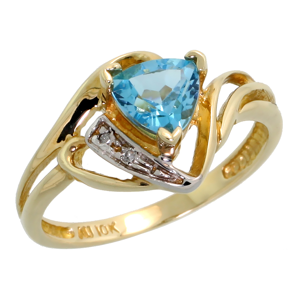 10k Gold Diamond Natural Blue Topaz Ring Trillium Cut 6mm December Birthstone 1/2 inch wide, sizes 4 - 9