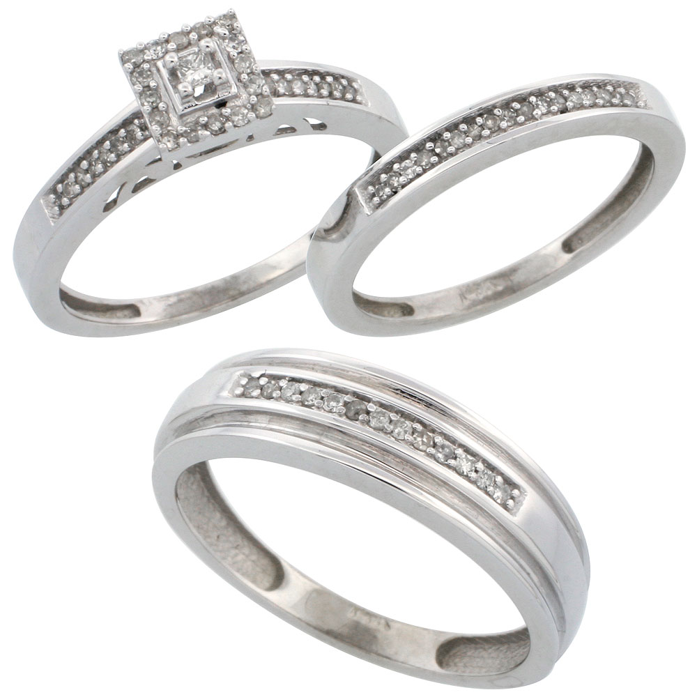 14k White Gold 3-Piece Trio His (6mm) &amp; Hers (2.5mm) Diamond Wedding Band Set, w/ 0.33 Carat Brilliant Cut Diamonds; (Ladies Size 5 to10; Men&#039;s Size 8 to 14)