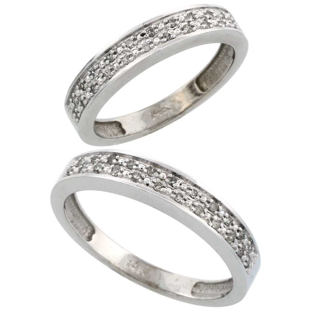 14k White Gold 2-Piece His (4mm) &amp; Hers (4mm) Diamond Wedding Band Set, w/ 0.20 Carat Brilliant Cut Diamonds; (Ladies Size 5 to10; Men&#039;s Size 8 to 14)