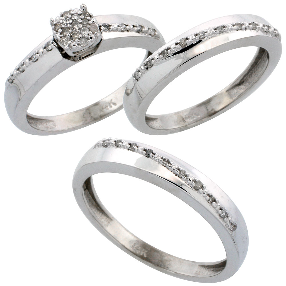 14k White Gold 3-Piece Trio His (3.5mm) &amp; Hers (3.5mm) Diamond Wedding Band Set, w/ 0.30 Carat Brilliant Cut Diamonds; (Ladies Size 5 to10; Men&#039;s Size 8 to 14)