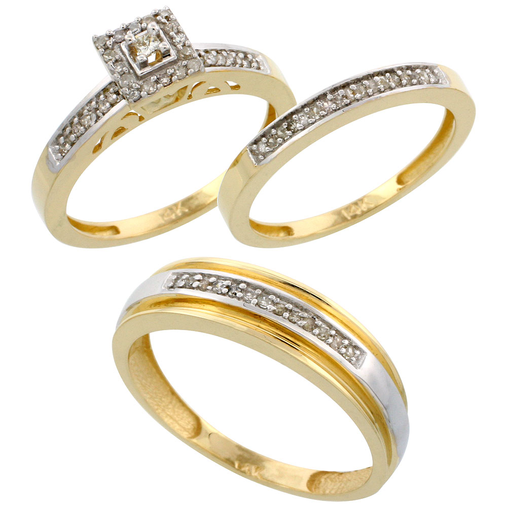 14k Gold 3-Piece Trio His (6mm) &amp; Hers (2.5mm) Diamond Wedding Band Set, w/ 0.33 Carat Brilliant Cut Diamonds; (Ladies Size 5 to10; Men&#039;s Size 8 to 14)