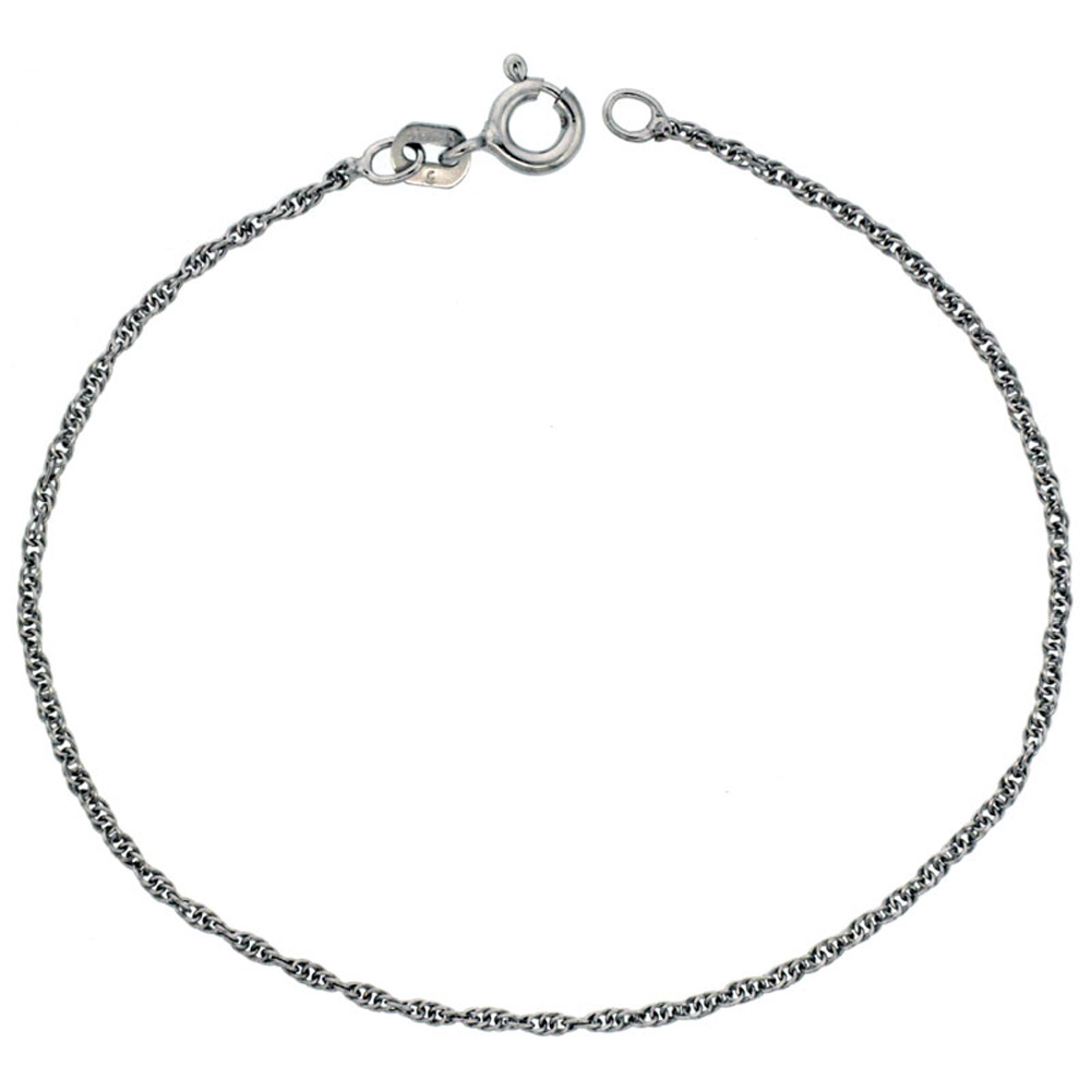 STERLING SILVER LOOSE ROPE CHAIN NECKLACE 1MM VERY THIN RHODIUM FINISH, SIZES 16 - 18 INCH