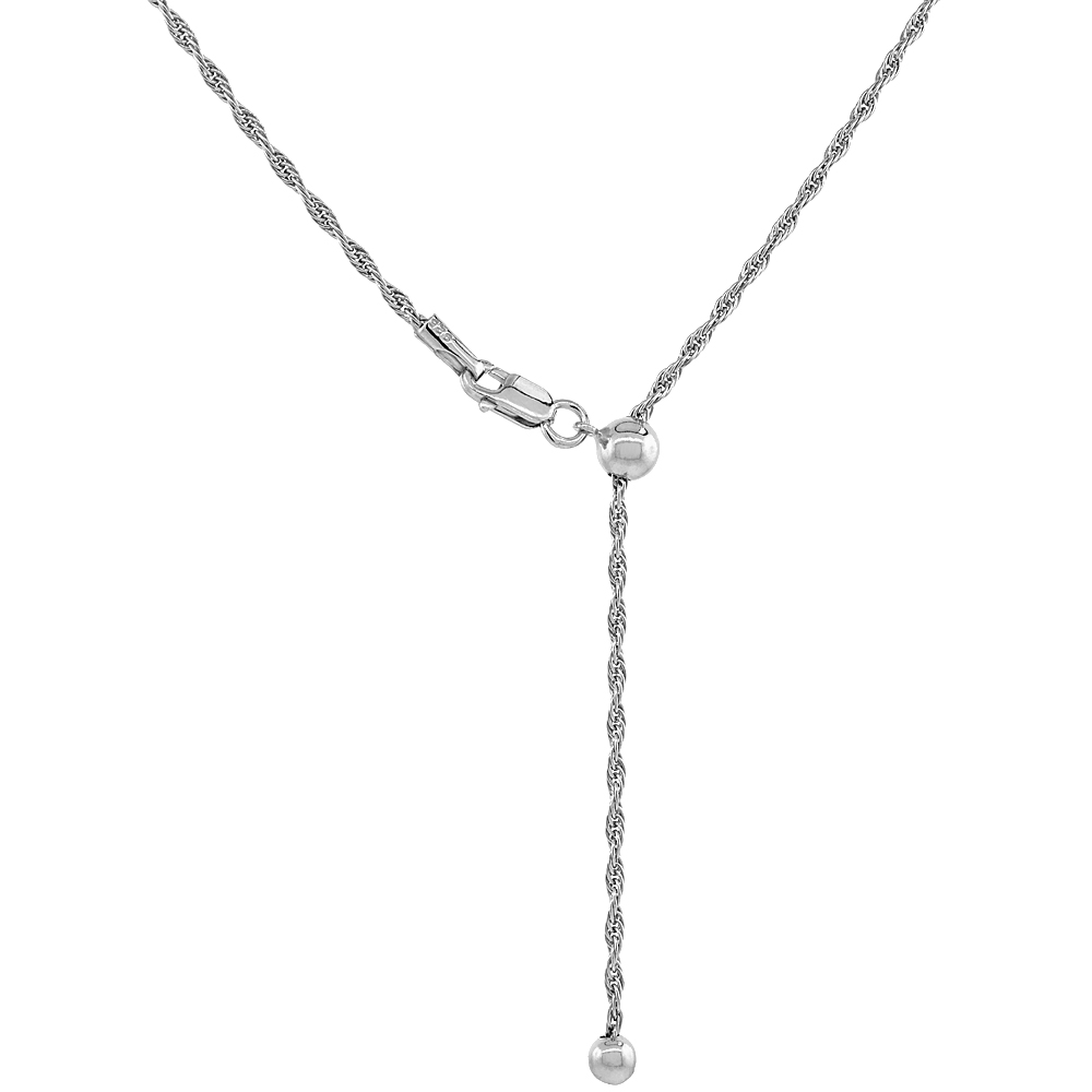 STERLING SILVER ADJUSTABLE ROPE CHAIN NECKLACE FOR WOMEN 1.6 MM RHODIUM FINISH NICKEL FREE 24 INCH