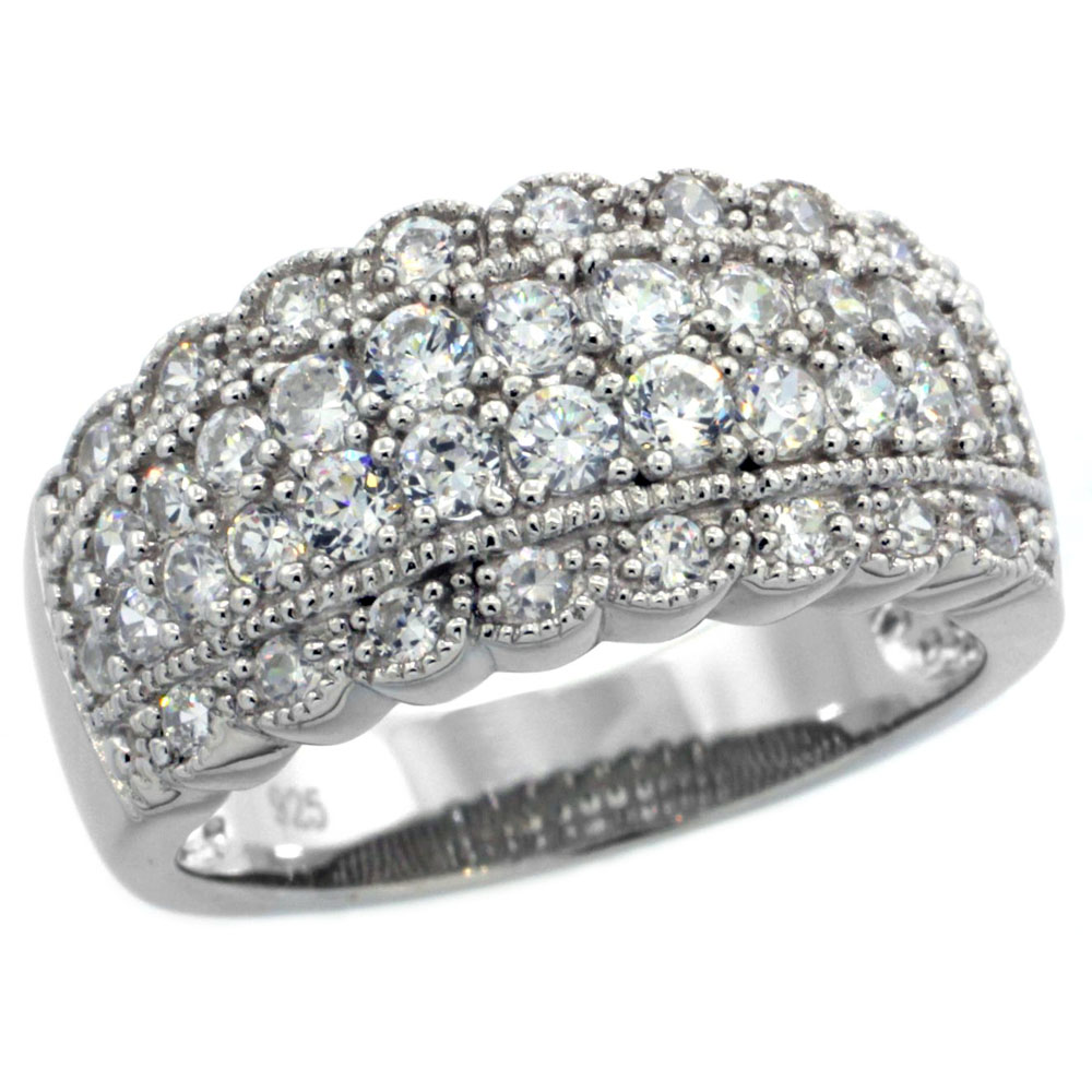 Sterling Silver Vintage Style Cubic Zirconia Cigar Band Ring 3/8 inch wide, sizes 6-9