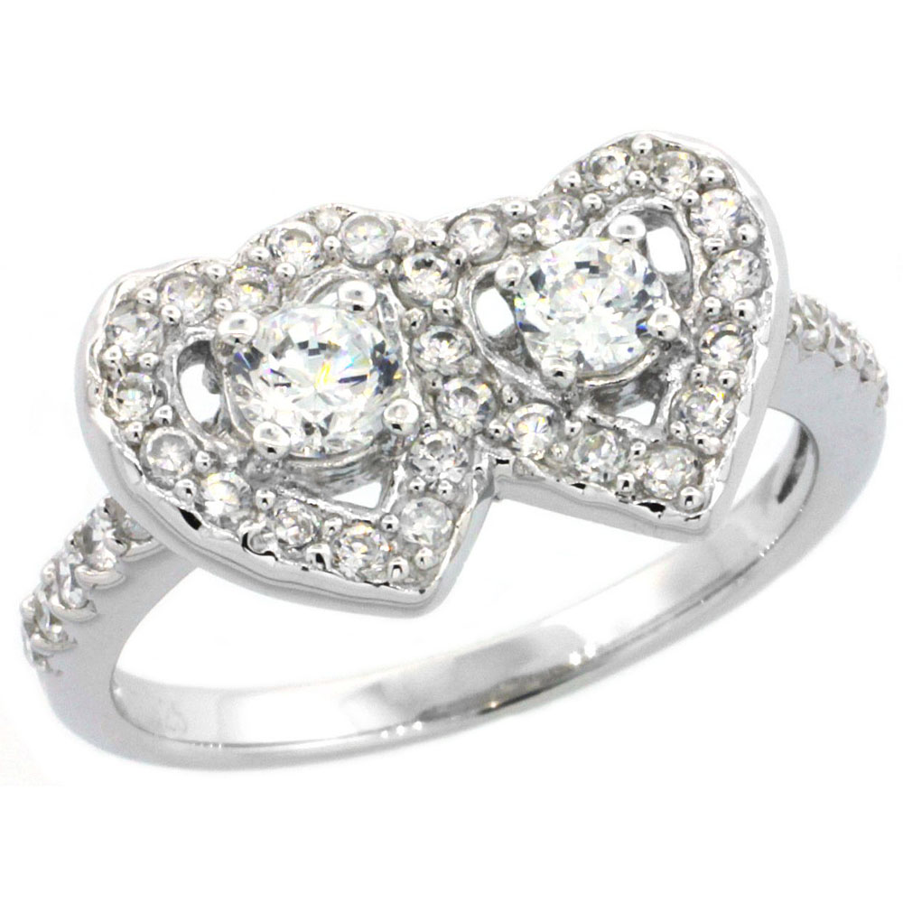 Sterling Silver Vintage Style Cubic Zirconia Double Heart Halo Ring 3/8 inch wide, sizes 6-9