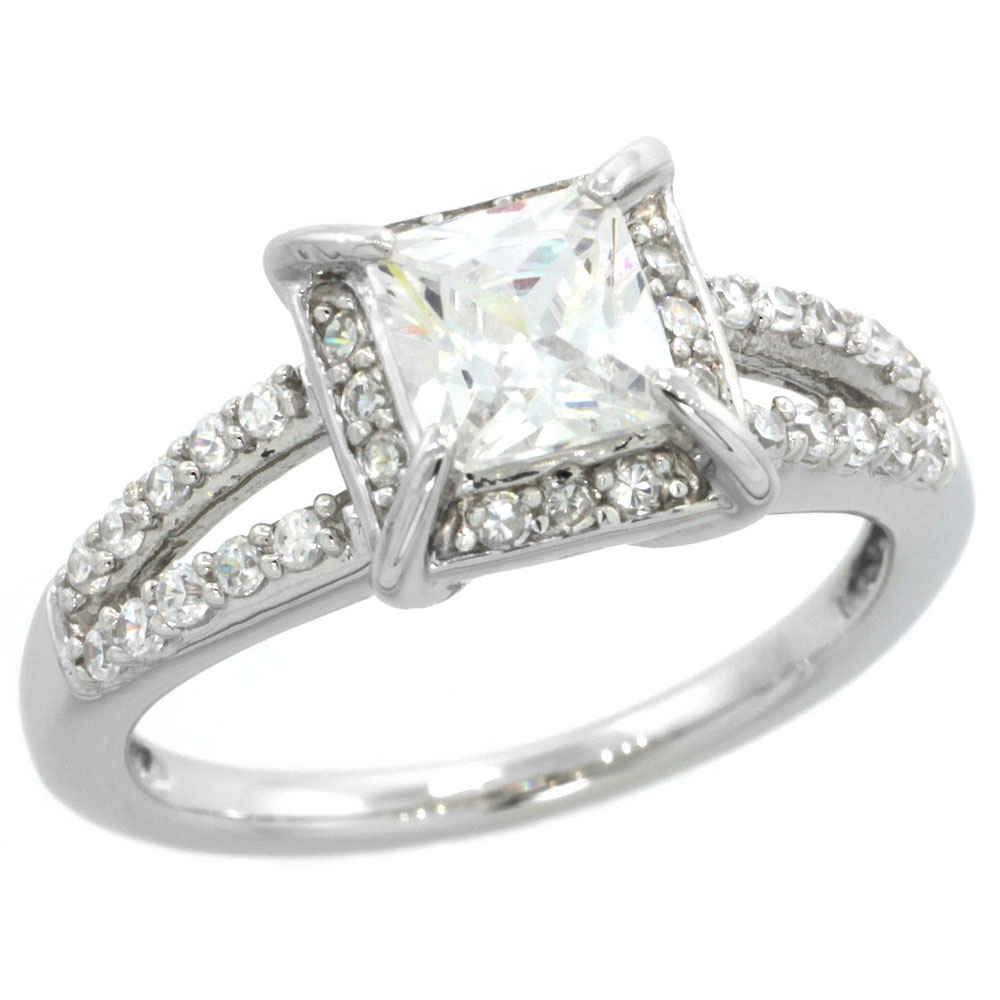 Sterling Silver Square Cubic Zirconia Halo Engagement Ring Princess 1 ct cntr Split Shank, sizes 6-9