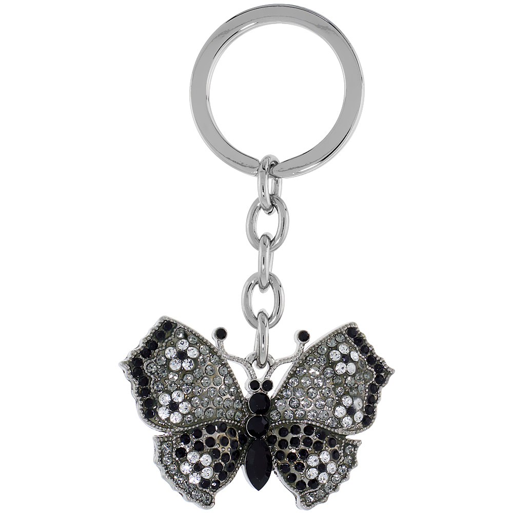 SABRINA SILVER LARGE BUTTERFLY KEY CHAIN CRYSTAL KEY RING FOR WOMEN AUSTRIAN ELEMENTS CLEAR BLACK 3 1/2 INCHES LONG