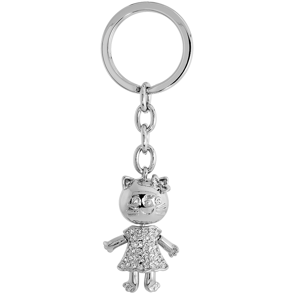 SABRINA SILVER MOVABLE KITTY CAT KEY CHAIN CRYSTAL KEY RING FOR WOMEN AUSTRIAN ELEMENTS 3 3/4 INCHES LONG