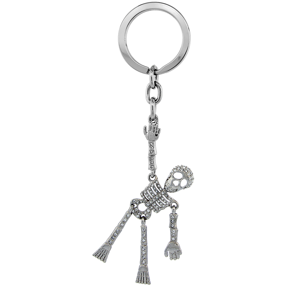 SABRINA SILVER MOVABLE SKELETON KEY CHAIN CRYSTAL KEY RING FOR WOMEN AUSTRIAN ELEMENTS 5 INCHES LONG