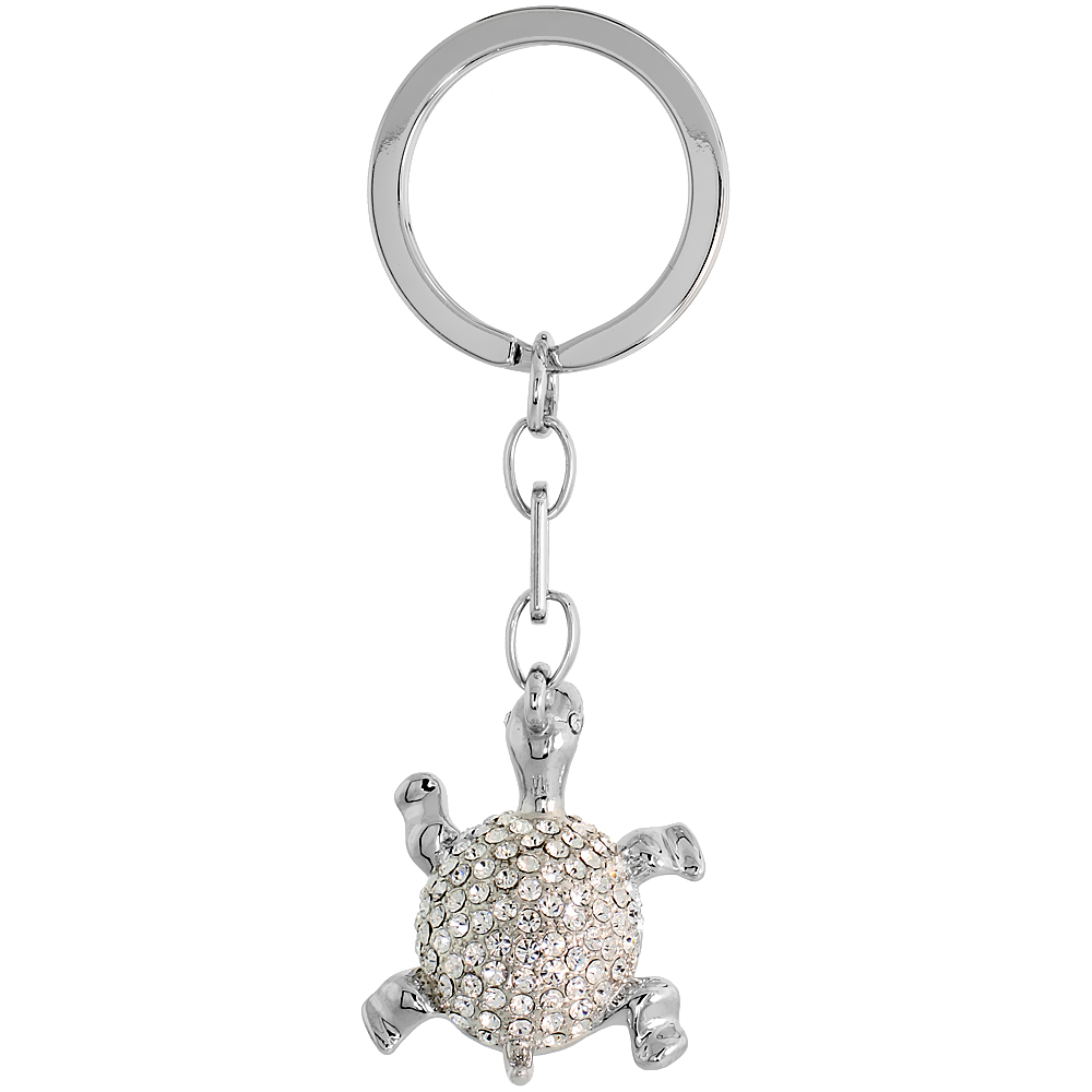 SABRINA SILVER TURTLE TORTOISE KEY CHAIN CRYSTAL KEY RING FOR WOMEN AUSTRIAN ELEMENTS 3 INCHES LONG