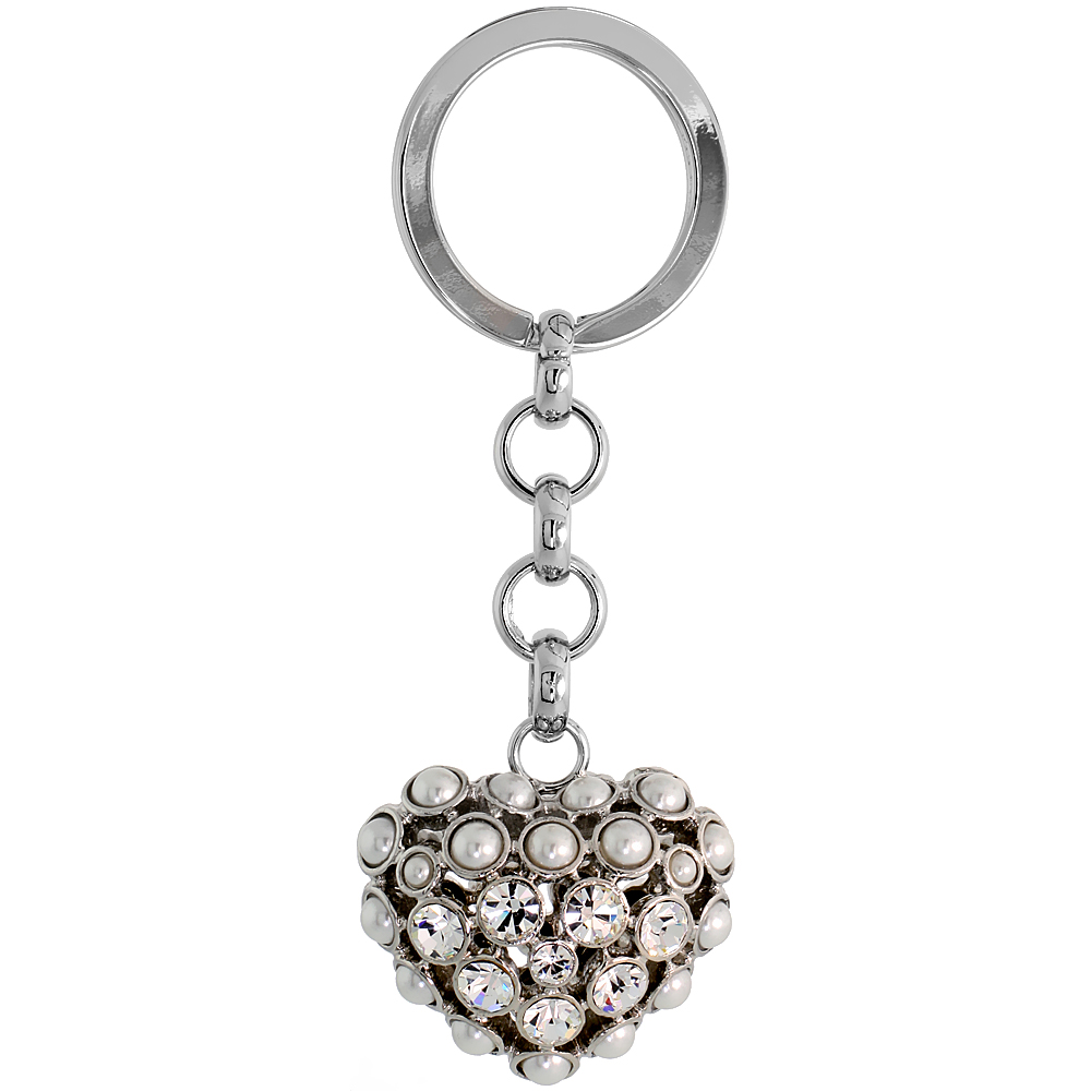 PUFFED HEART KEY CHAIN KEY RING KEY HOLDER KEY TAG KEY FOB W/ BEADS & BRILLIANT CUT AUSTRIAN CRYSTALS 3-1/2" TALL