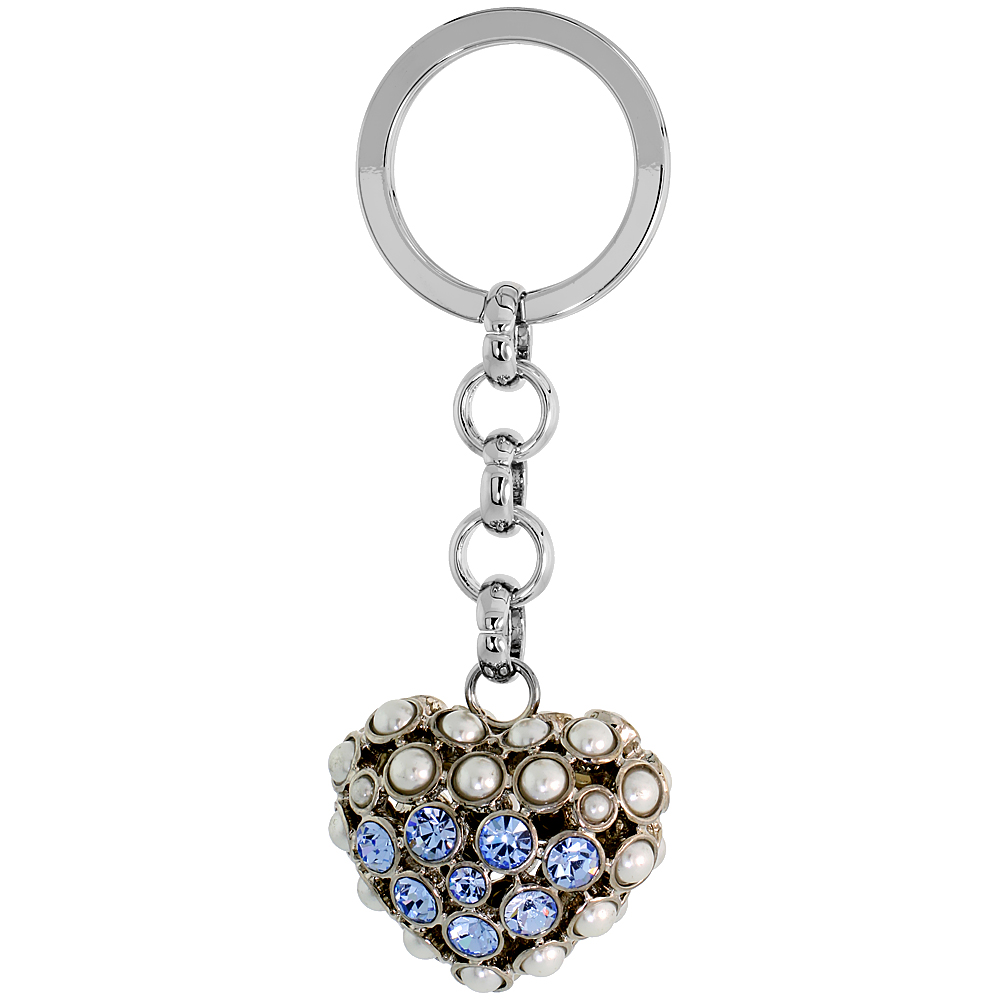 PUFFED HEART KEY CHAIN KEY RING KEY HOLDER KEY TAG KEY FOB W/ BEADS & BRILLIANT CUT BLUE TOPAZ-COLOR AUSTRIAN CRYSTALS 3-1/2" TALL