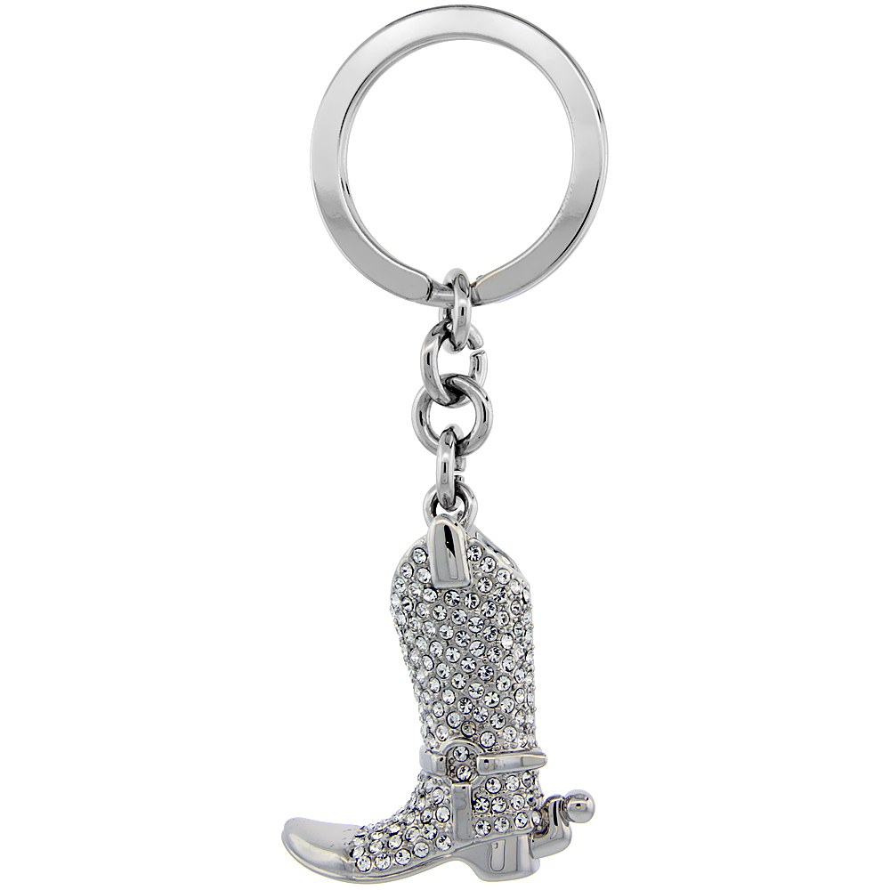SABRINA SILVER COWBOY BOOT KEY CHAIN CRYSTAL KEY RING FOR WOMEN AUSTRIAN ELEMENTS BEADS 3 1/2 INCHES LONG