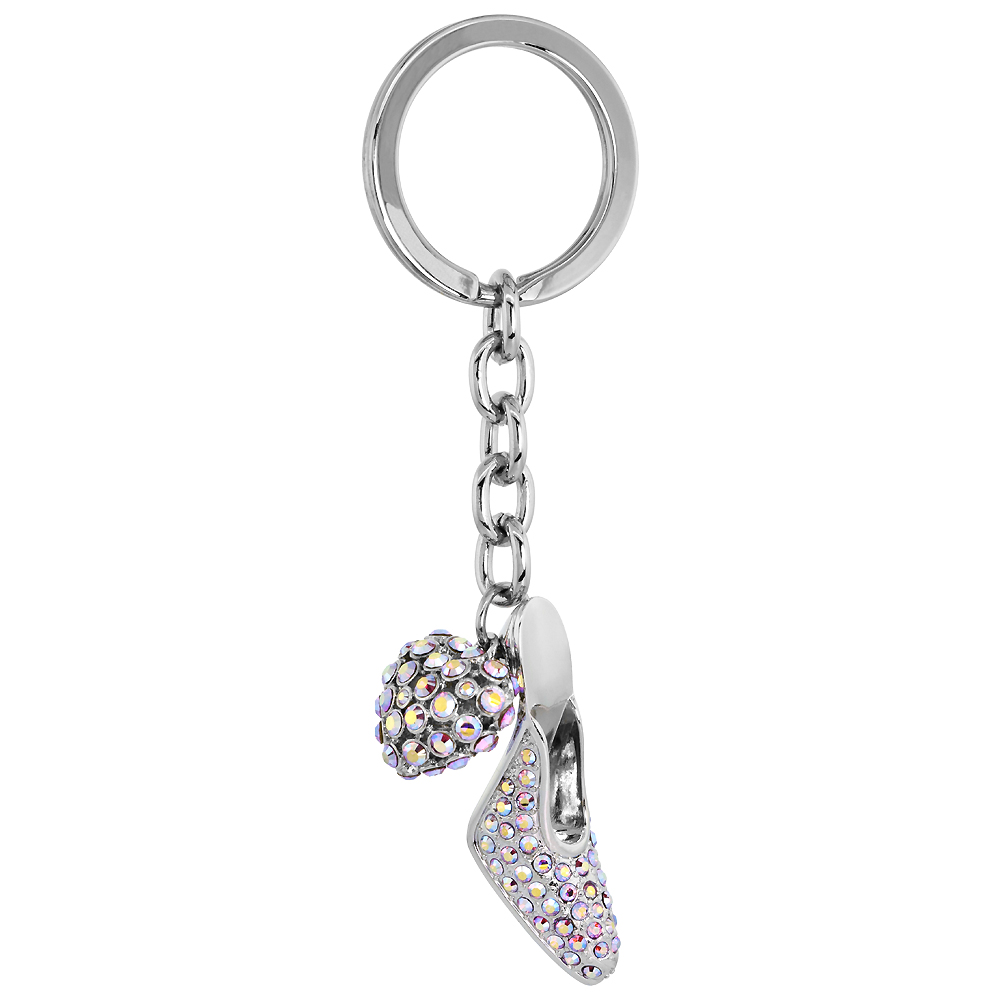 SABRINA SILVER HIGH HEEL SHOE HEART KEY CHAIN CRYSTAL KEY RING FOR WOMEN AUSTRIAN ELEMENTS 4 3/8 INCHES LONG