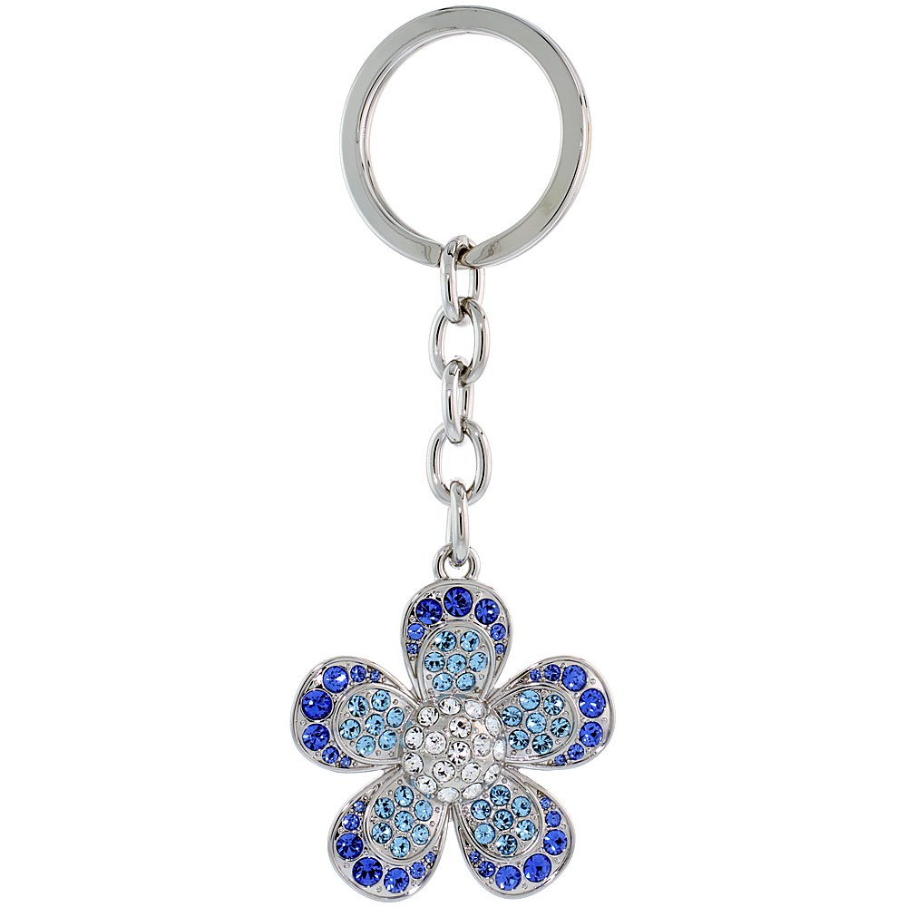 LARGE FLOWER KEY CHAIN KEY RING KEY HOLDER KEY TAG KEY FOB W/ CLEAR BLUE TOPAZ-COLOR & BLUE SAPPHIRE-COLOR AUSTRIAN CRYSTALS 4-1/4" TALL