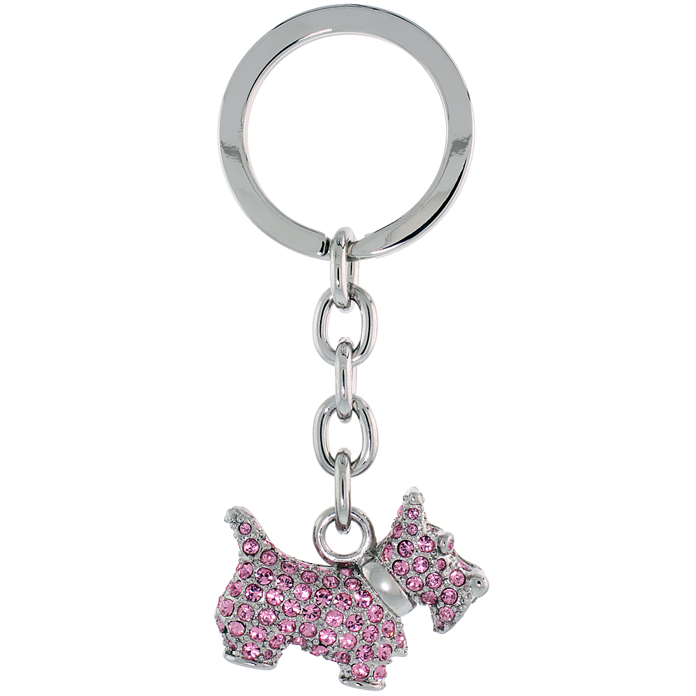 SABRINA SILVER SCOTTISH TERRIER KEY CHAIN CRYSTAL KEY RING FOR WOMEN AUSTRIAN ELEMENTS PINK TOPAZ COLOR 3 1/4 INCHES LONG
