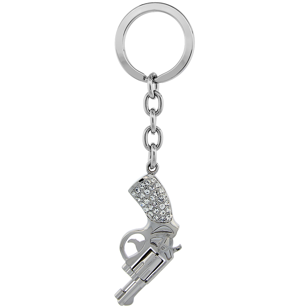 SABRINA SILVER PISTOL GUN KEY CHAIN CRYSTAL KEY RING FOR WOMEN AUSTRIAN ELEMENTS 4 1/4 INCHES LONG
