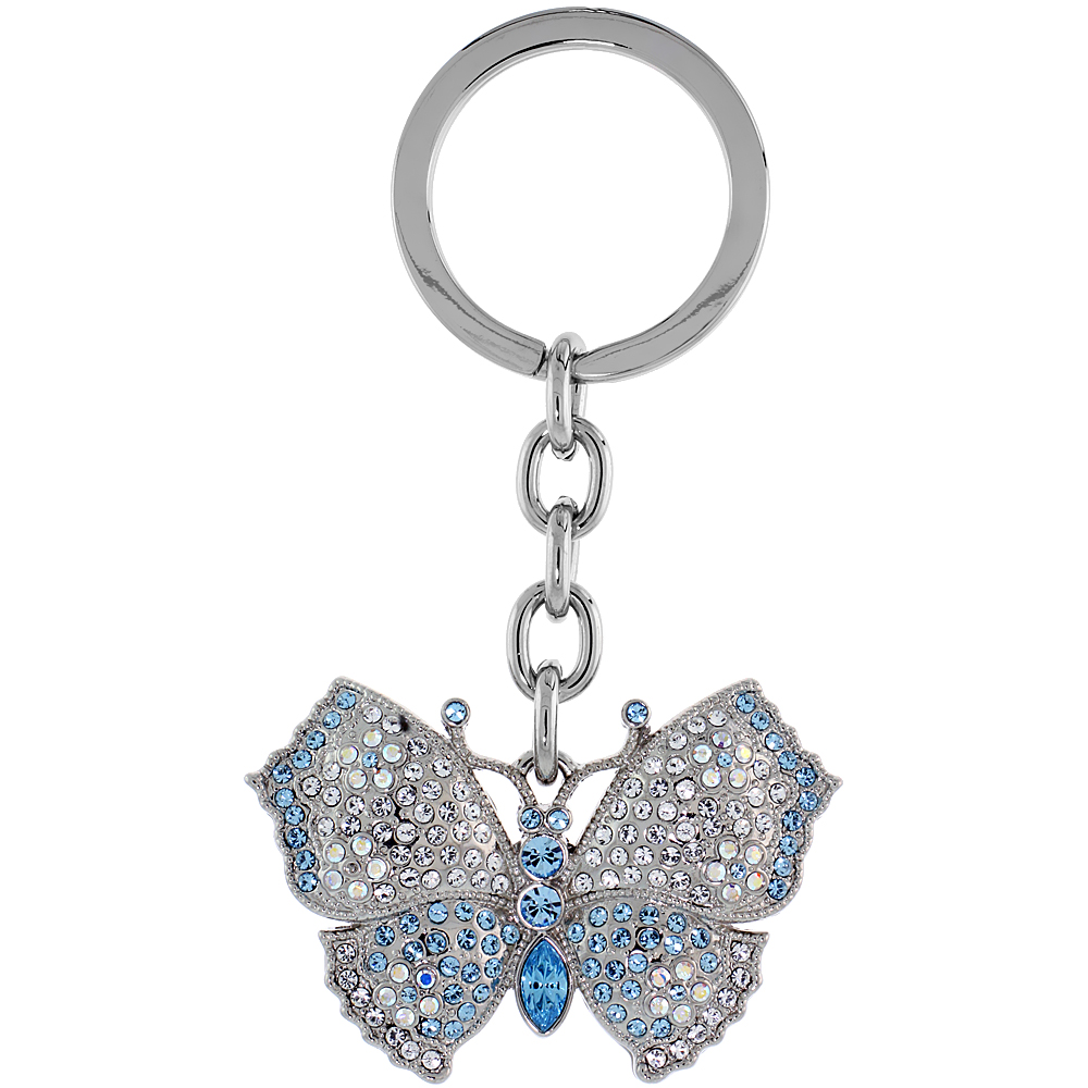 SABRINA SILVER LARGE BUTTERFLY KEY CHAIN CRYSTAL KEY RING FOR WOMEN AUSTRIAN ELEMENTS CLEAR BLUE TOPAZ COLOR 3 1/2 INCHES LONG