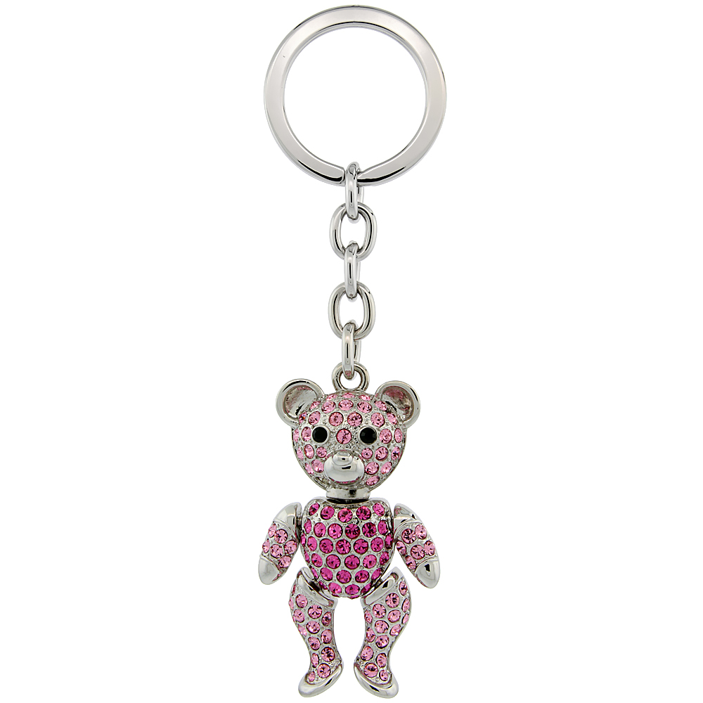 SABRINA SILVER MOVABLE TEDDY BEAR KEY CHAIN CRYSTAL KEY RING FOR WOMEN AUSTRIAN ELEMENTS PINK TOPAZ COLOR 4 1/2 INCHES LONG