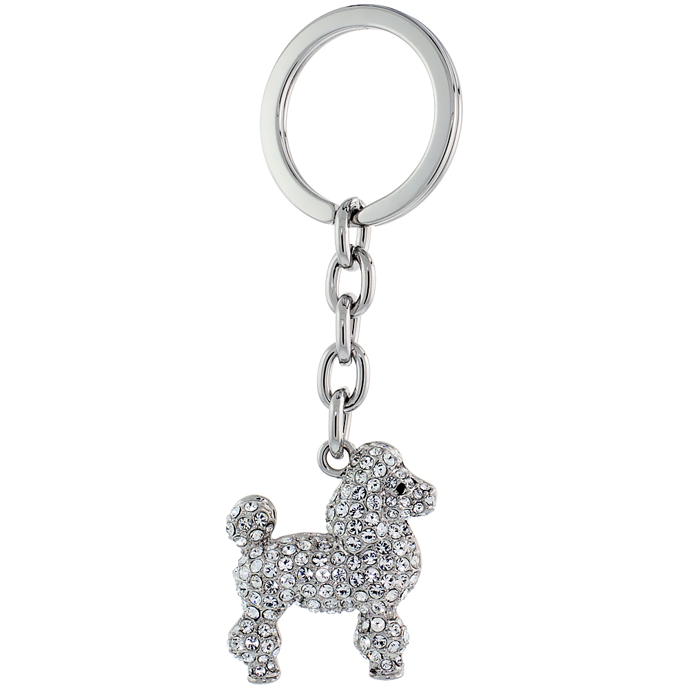 SABRINA SILVER DOG PUPPY KEY CHAIN CRYSTAL KEY RING FOR WOMEN AUSTRIAN ELEMENTS 3 3/4 INCHES LONG