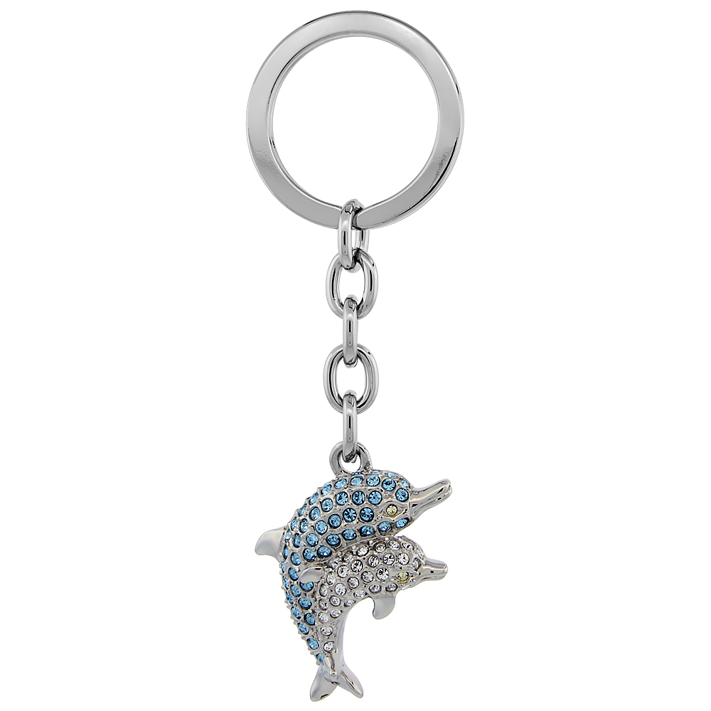 DOUBLE DOLPHIN KEY CHAIN KEY RING KEY HOLDER KEY TAG KEY FOB W/ CLEAR & BLUE TOPAZ-COLOR AUSTRIAN CRYSTALS 3-3/4" TALL