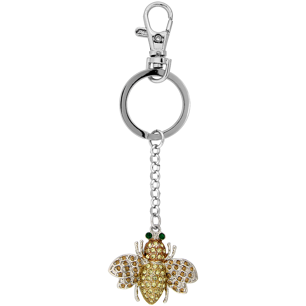 SABRINA SILVER BEE KEY CHAIN CRYSTAL KEY RING FOR WOMEN AUSTRIAN ELEMENTS EMERALD COLOR YELLOW TOPAZ COLOR 4 INCHES LONG