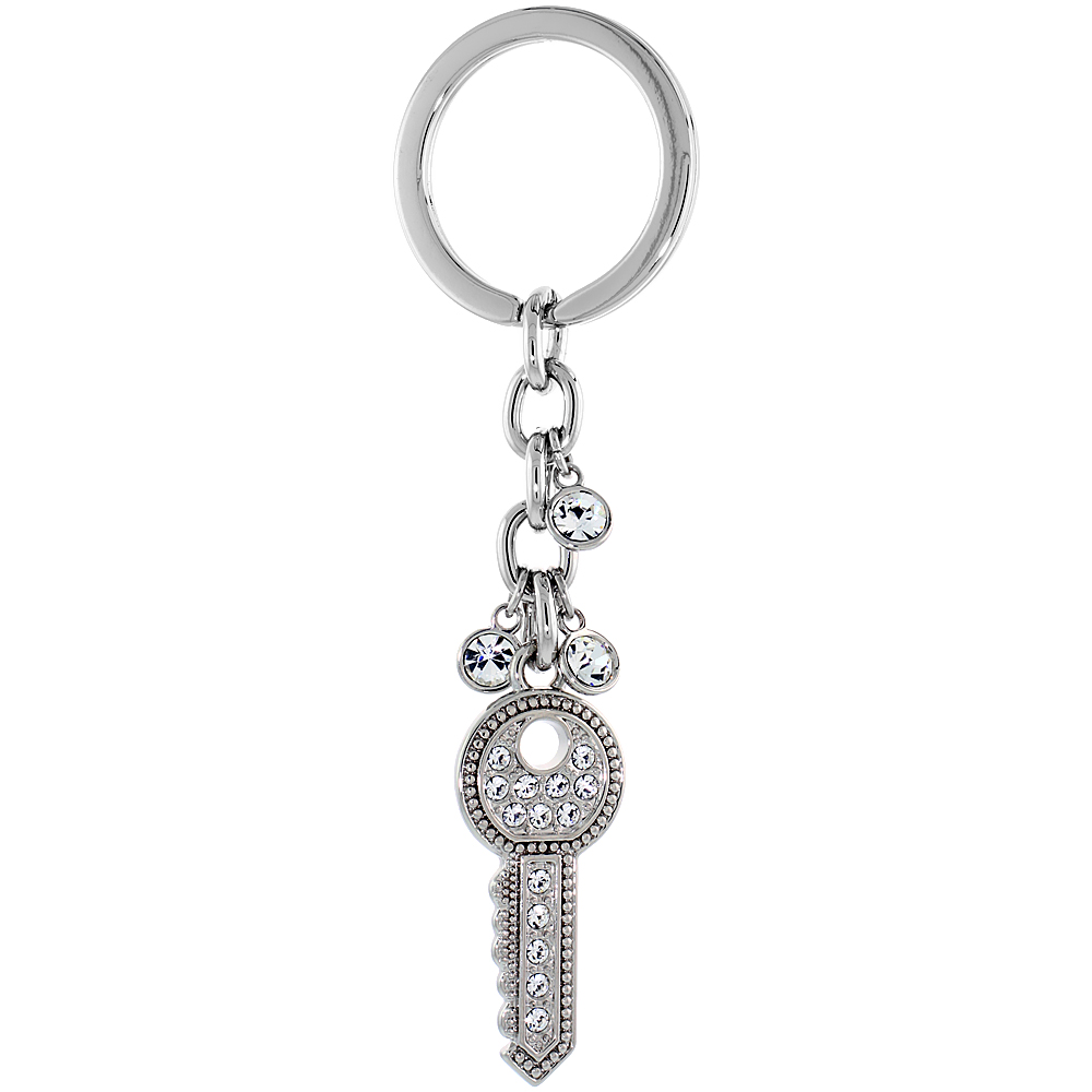 SABRINA SILVER JEWELED KEY CHAIN CRYSTAL KEY RING FOR WOMEN AUSTRIAN ELEMENTS CLEAR 4 INCHES LONG
